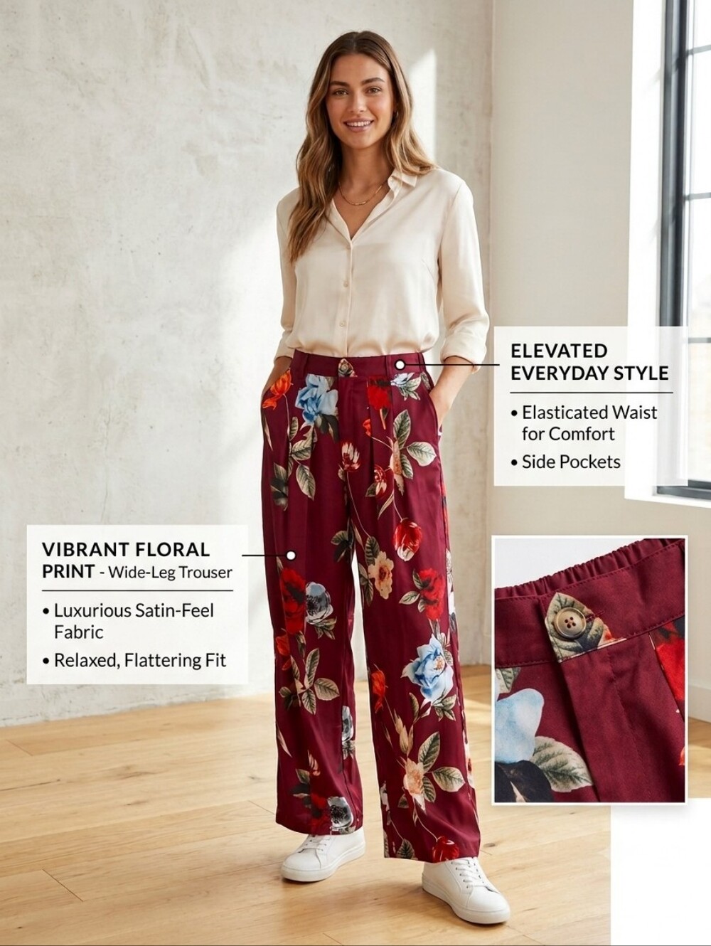 LC Lizette Collection - Floral Wide-Leg Pants in Burgundy
